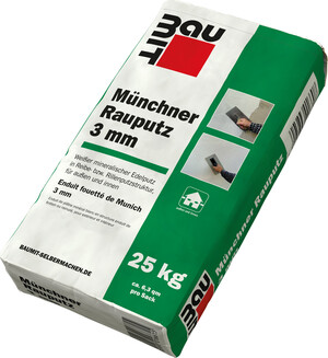 Der Münchner Rauputz von Baumit ist mit einer 3 mm Körnung in Weiß im 25 kg Sack erhältlich.