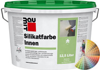 Produktbild: Baumit Silikatfarbe Innen im 12,5 Liter Eimer mit Baumit Farbfächer.