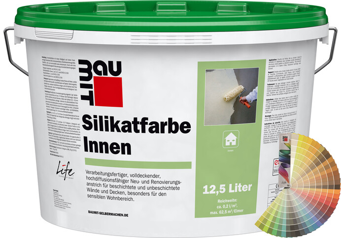 Produktbild: Baumit Silikatfarbe Innen im 12,5 Liter Eimer mit Baumit Farbfächer.