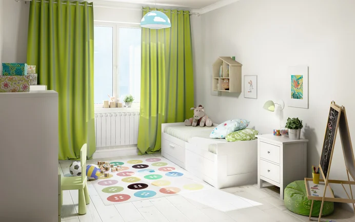 Modernes Kinderzimmer mit grünen Vorhängen, weißem Bett, buntem Teppich und Spielzeugregalen für kreative Raumgestaltung.