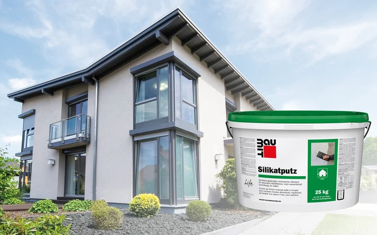 Modernes Haus mit Silikatputz von Baumit zur Fassadengestaltung; ideal für langlebigen, wetterbeständigen Schutz.