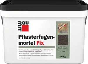 Behälter mit Baumit Pflasterfugenmörtel Fix, geeignet für Natur- und Betonsteine, ideal für Heimwerkerprojekte im Gartenbau.