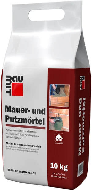 Der Baumit Mauer- und Putzmörtel ist im 10 kg Foliensack erhältlich.