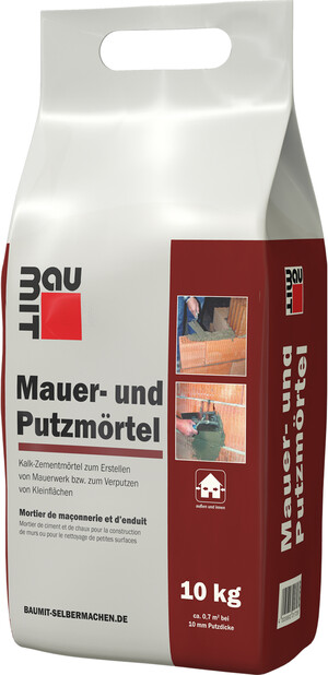Der Baumit Mauer- und Putzmörtel ist im 10 kg Foliensack erhältlich.