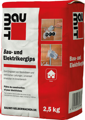 Der Baumit Bau- und Elektrikergips ist im 2,5 kg Papiersack erhältlich.