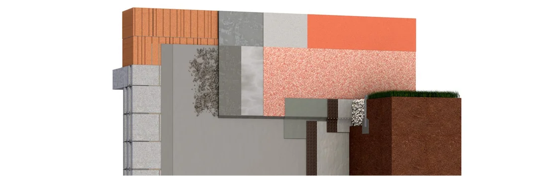 Querschnitt einer mehrschichtigen Fassade mit unterschiedlichen Baumaterialien f&uuml;r W&auml;rme- und Schalld&auml;mmung.