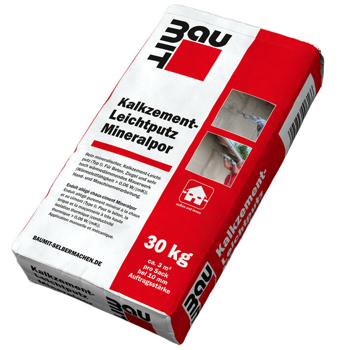 Produktfoto: Baumit Kalkzement-Leichtputz Mineralpor - roter 25 kg Sack auf weißem Hintergrund.