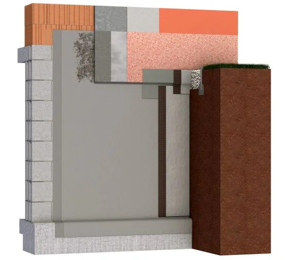 Schematische Darstellung eines Wandaufbaus mit verschiedenen Baumaterialien für Eigenbau- und Sanierungsprojekte.