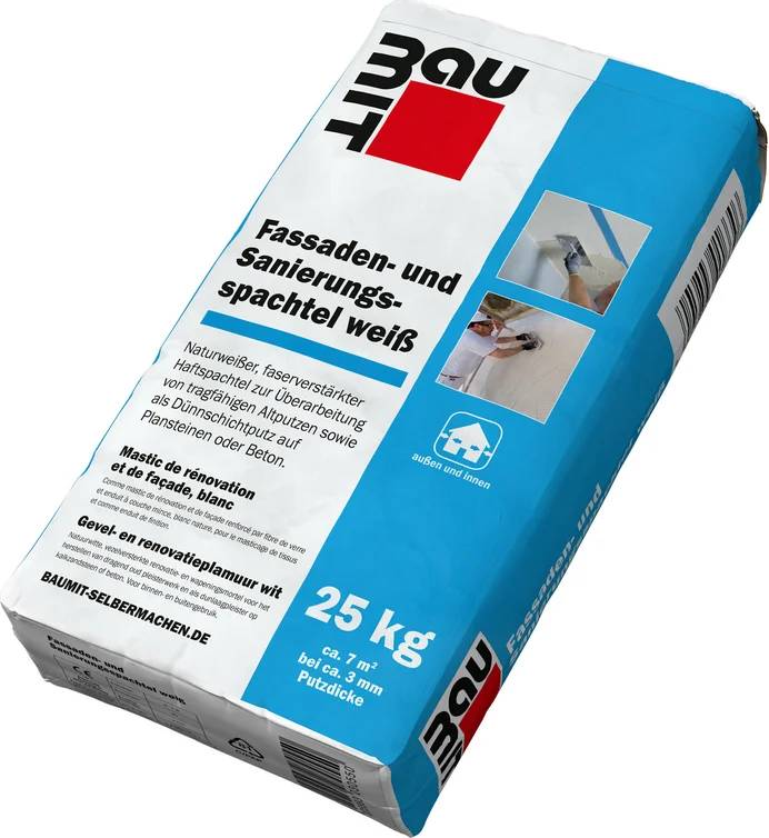 Der Baumit Fassaden- und Sanierungsspachtel weiß ist im 25 kg Papiersack erhältlich.