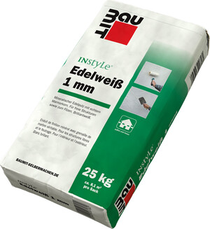 Der Edelputz InStyle Edelweiß mit 1 mm Körnung ist im 25 kg Sack erhältlich.