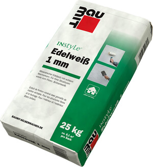 Der Edelputz InStyle Edelweiß mit 1 mm Körnung ist im 25 kg Sack erhältlich.