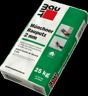 25-kg-Sack Münchner Rauputz 2 mm von Baumit, geeignet zum Fassaden verputzen mit feiner Reibestruktur in 2 mm Körnung.