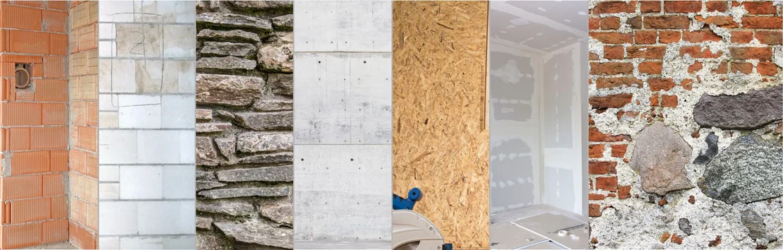 Verschiedene Baustoffarten nebeneinander: Ziegel, Kalksandstein, Naturstein, OSB-Platten, Gipskarton, alte Backsteinwand.