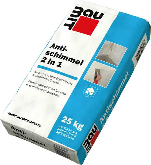 25 kg Sack Baumit Antischimmel 2 in 1 Klebe- und Putzmörtel für effektive Schimmelprävention beim Selbermachen.