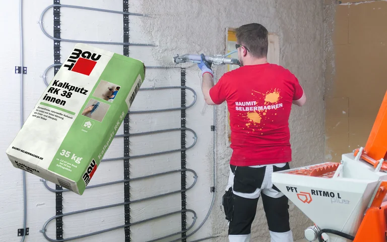 Kalkputz RK 38 innen mit Maschine verarbeiten.
