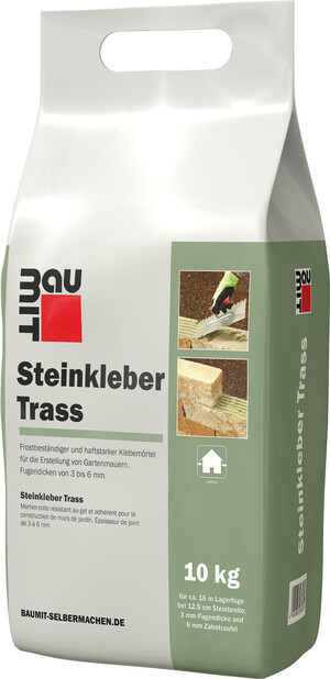 Der Baumit Steinkleber Trass ist im 10 kg Foliensack erhältlich.