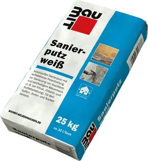 Baumit Sanierputz weiß, 25 kg Sack - ideal für feuchte Wände und Keller, verbessert Raumklima durch hohe Feuchtigkeitsregulierung.